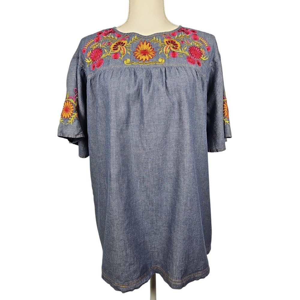 Khaadi Tunic Top Floral Embroidered Chambray Blue Women Size 10